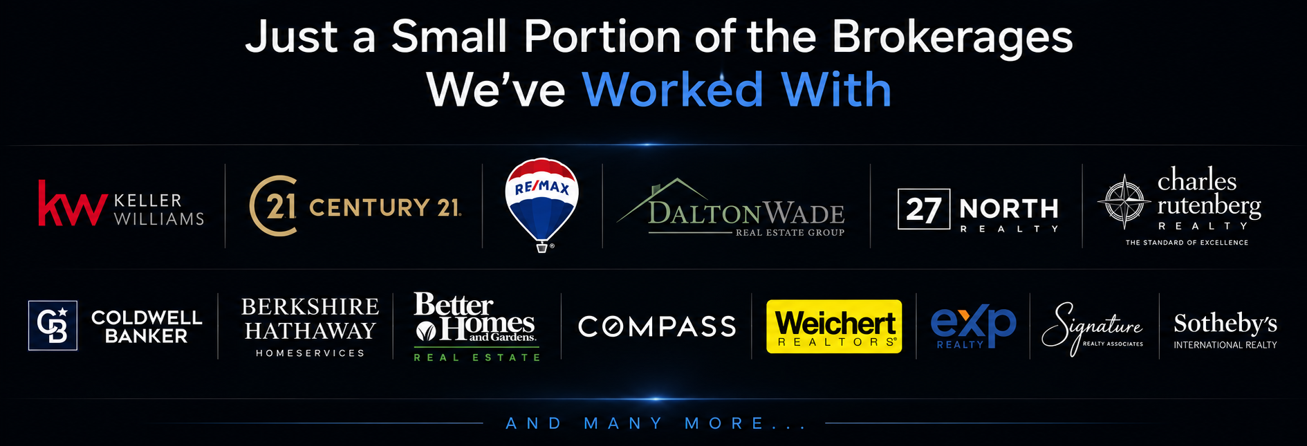 Just a small portion of the brokerages we've worked with — Keller Williams, Century 21, RE/MAX, Dalton Wade, 27 North Realty, Charles Rutenberg Realty, Coldwell Banker, Berkshire Hathaway, Better Homes and Gardens, Compass, Weichert Realtors, eXp Realty, Signature Realty Associates, Sotheby's International Realty, and many more.